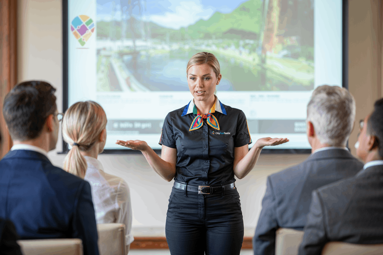 Promotor de CityFunTastic presentando la propuesta de valor a profesionales de un hotel en Puerto Vallarta.