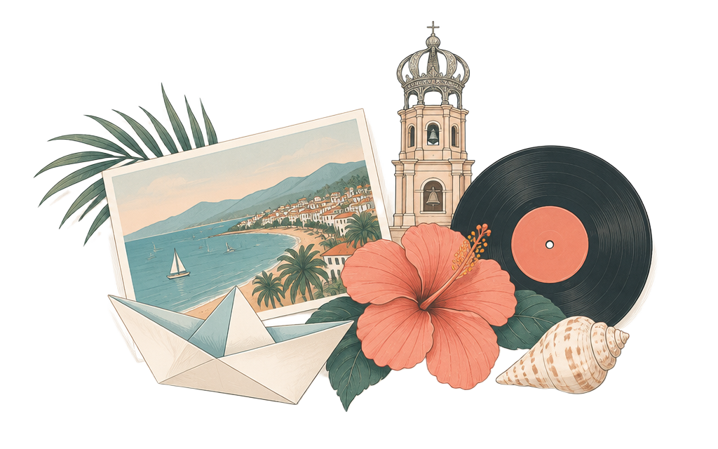 Ilustración con una postal, un barquito de papel, una flor de hibisco y un disco de vinilo de Puerto Vallarta